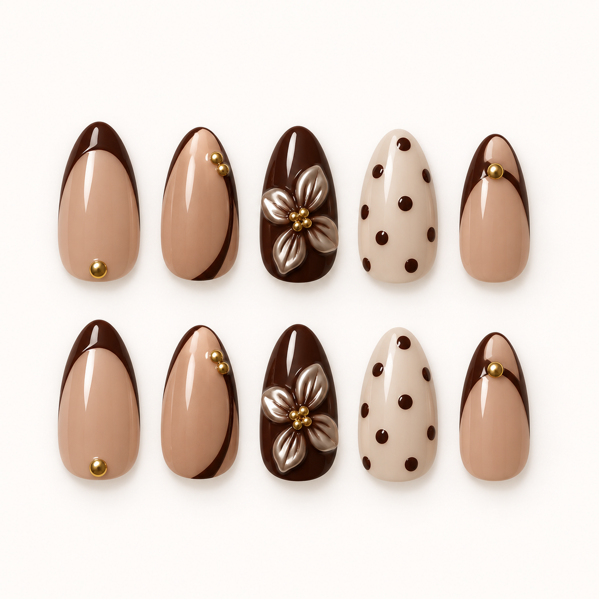 Cocoa Blossom – Press-On Nails Nude, Chocolat & Doré