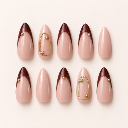 Burgundy Halo – Press-On Nails Nude, Bordeaux & Doré