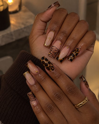 Wild Gold – Press-On Nails Léopard, Nude & Doré