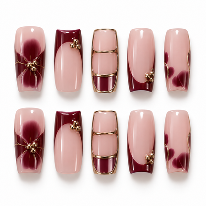 Burgundy Bloom – Press-On Nails Nude, Bordeaux & Doré