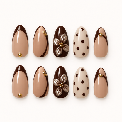 Cocoa Blossom – Press-On Nails Nude, Chocolat & Doré