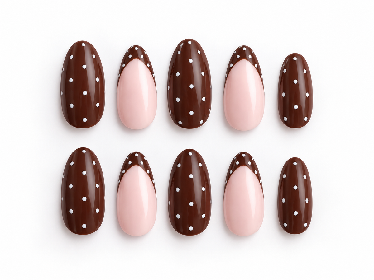Chocolate Dot French – Press-On Nails Marron & Rose