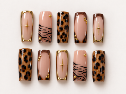 Wild Gold – Press-On Nails Léopard, Nude & Doré