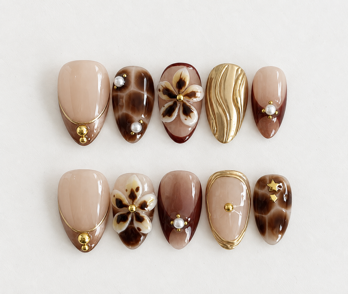Golden Mocha Bloom – Press-On Nails Nude, Marron & Doré