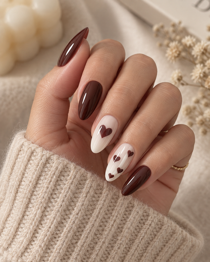 Chocolate Hearts – Press-On Nails Marron & Ivoire