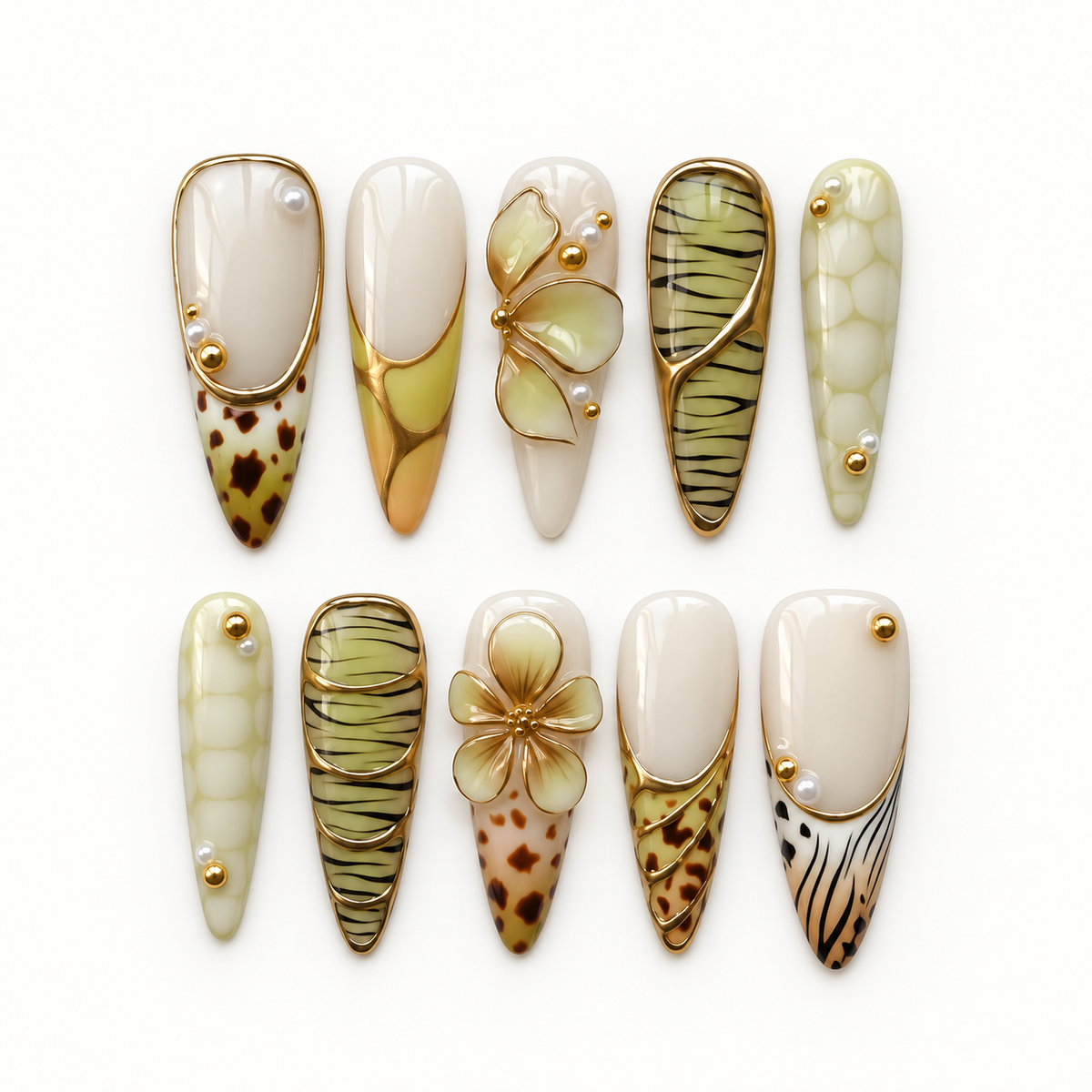 Golden Safari – Press-On Nails Ivoire, Olive & Doré